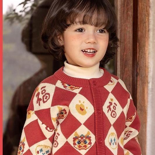 新年儿童秋冬款毛衣开衫2023新款儿童年服外套男女宝宝针织上衣