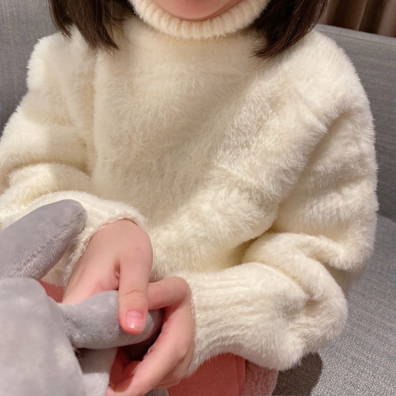 男童女童儿童宝宝女宝加绒加厚洋气高领毛衣水貂绒套头秋打底纯色