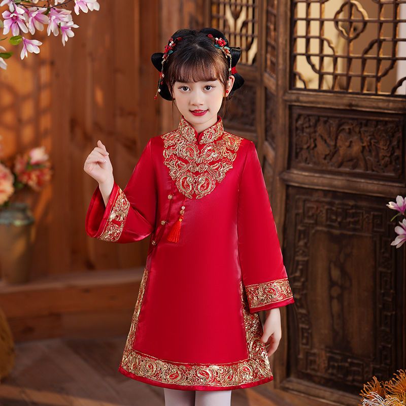 女童旗袍中国风冬季新款洋气儿童唐装裙子加厚红色拜年服