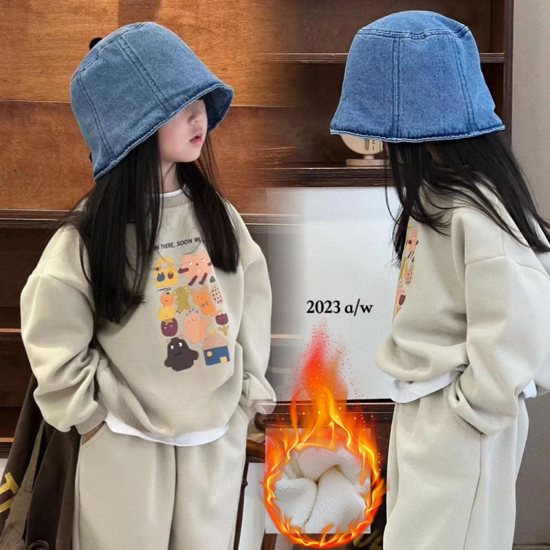 儿童冬季套装2023新款女童加绒加厚裤子卡通运动上衣男童卫衣外套