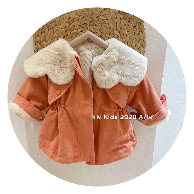 2023冬款女童加绒外套女宝宝洋气大翻领毛毛收腰保暖大衣儿童风衣