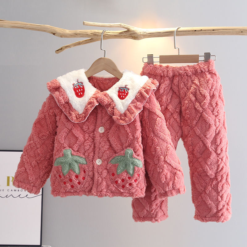 2023新品冬季女童法兰绒加厚夹棉男童珊瑚绒加绒外穿家居服