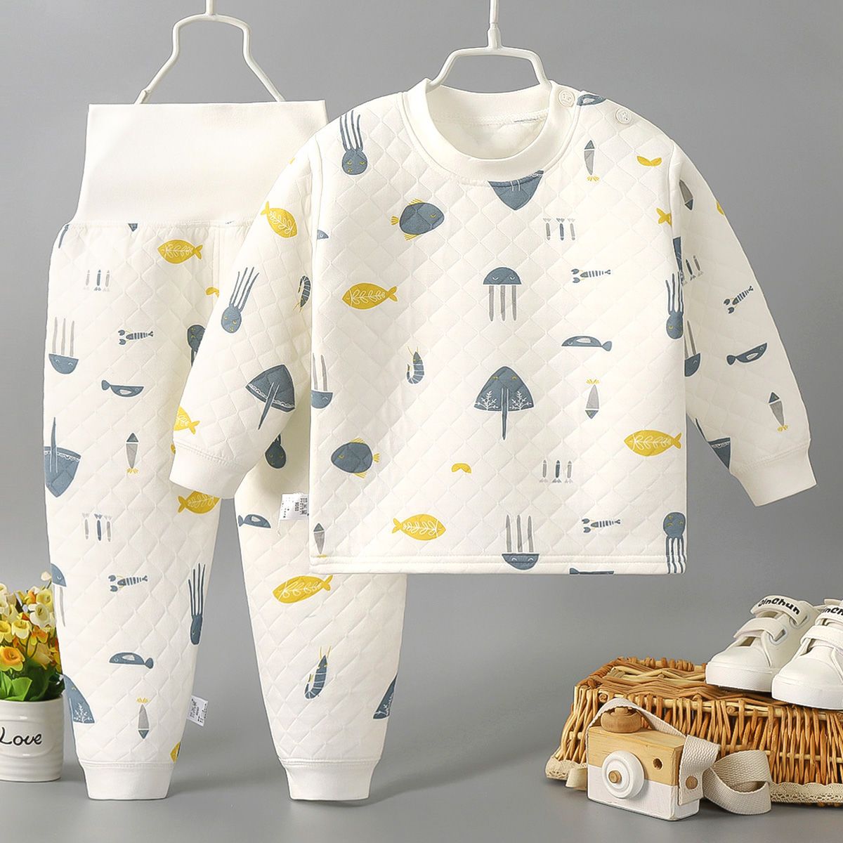 宝宝优质棉保暖加厚高腰护肚裤套装婴儿优质棉男女童秋衣秋裤可开