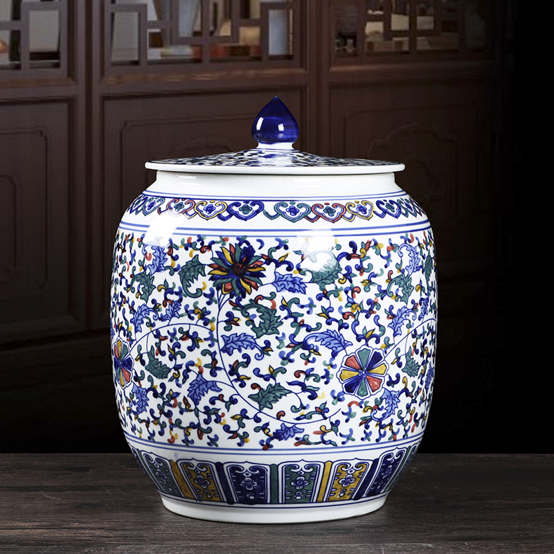 仿古景德镇陶瓷米缸储物罐家用密封防潮防虫面油茶叶存储装饰摆件