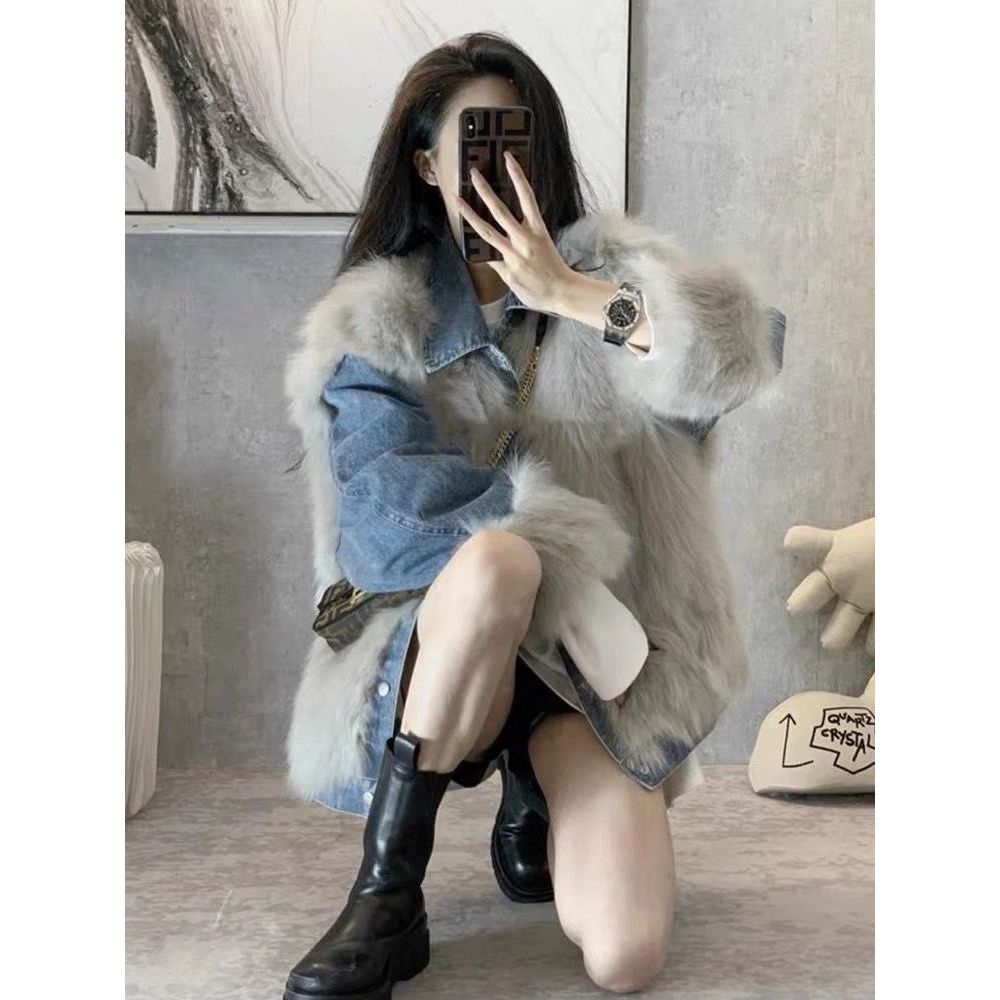 派克服2023年秋冬新款仿狐狸毛拼接牛仔女年轻款加厚毛毛外套