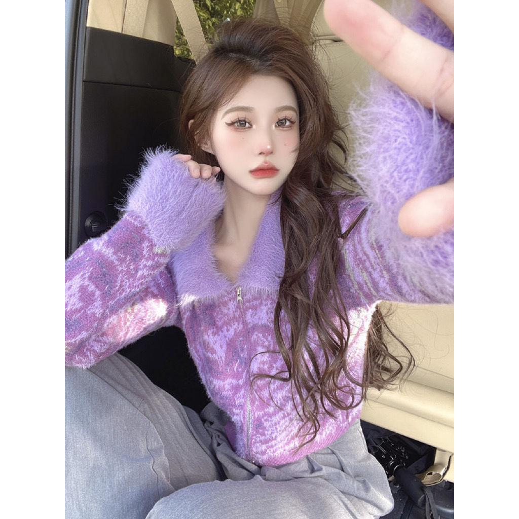 POLO领短款扎染毛衣外套女装秋冬新款设计感软糯紫色针织开衫上衣