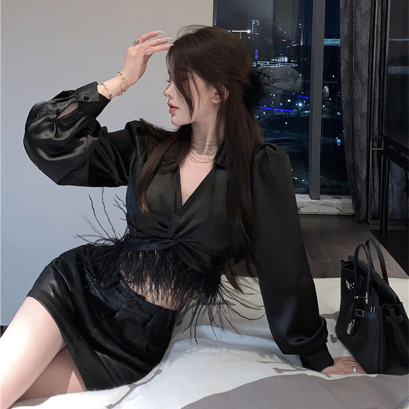 缎面衬衫2023女秋季设计感小众羽毛欲风高级感短款衬衣长袖