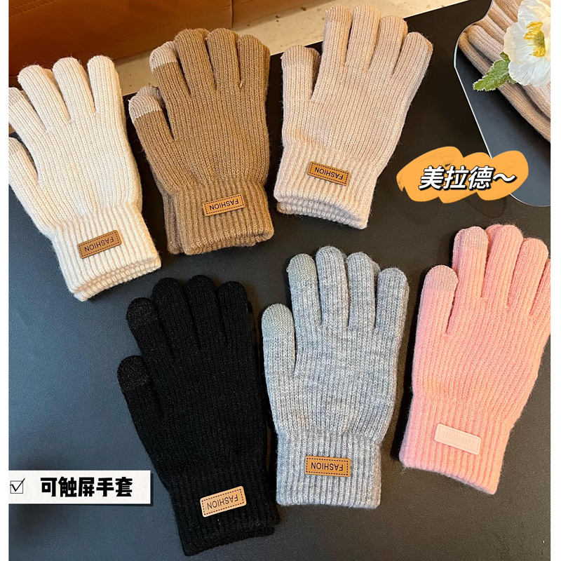 毛线手套秋冬加厚加绒触屏男女保暖韩版学生骑行开车咖色百搭防寒商品图