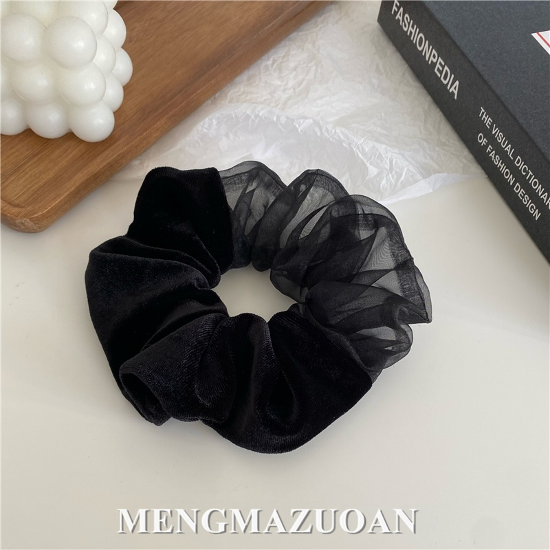 Q034 拼接黑色金丝绒拼接欧根纱加宽发圈法式大肠圈皮筋头绳发饰