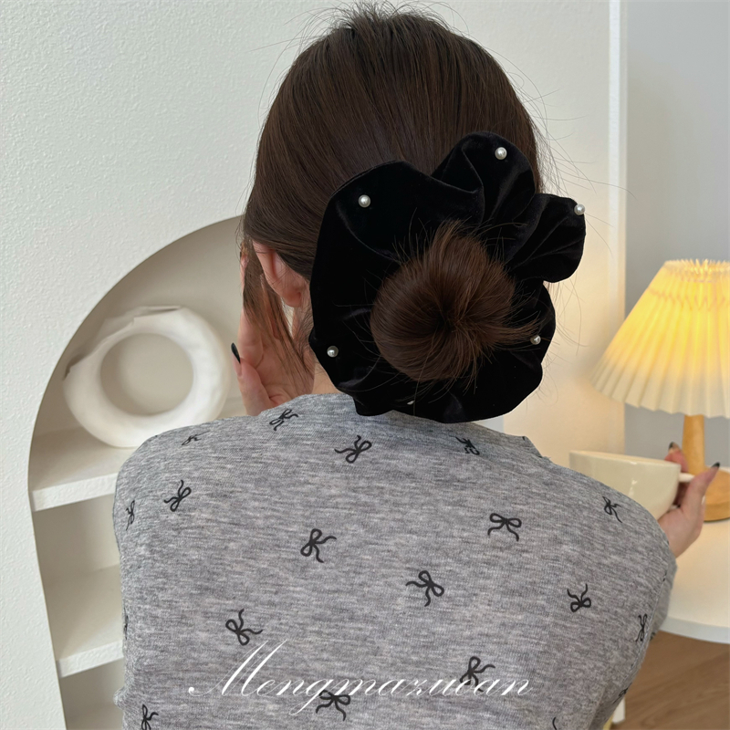 Q108 气质感 百搭黑色丝绒钉珠布艺大肠圈皮筋小肠圈发圈皮筋头饰