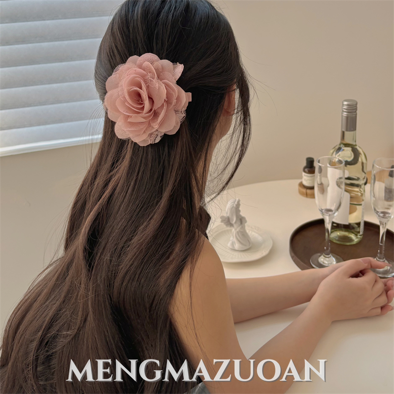 重工蕾丝拼接设计立体手工大号花朵发夹仙女风名媛后脑勺马尾横夹