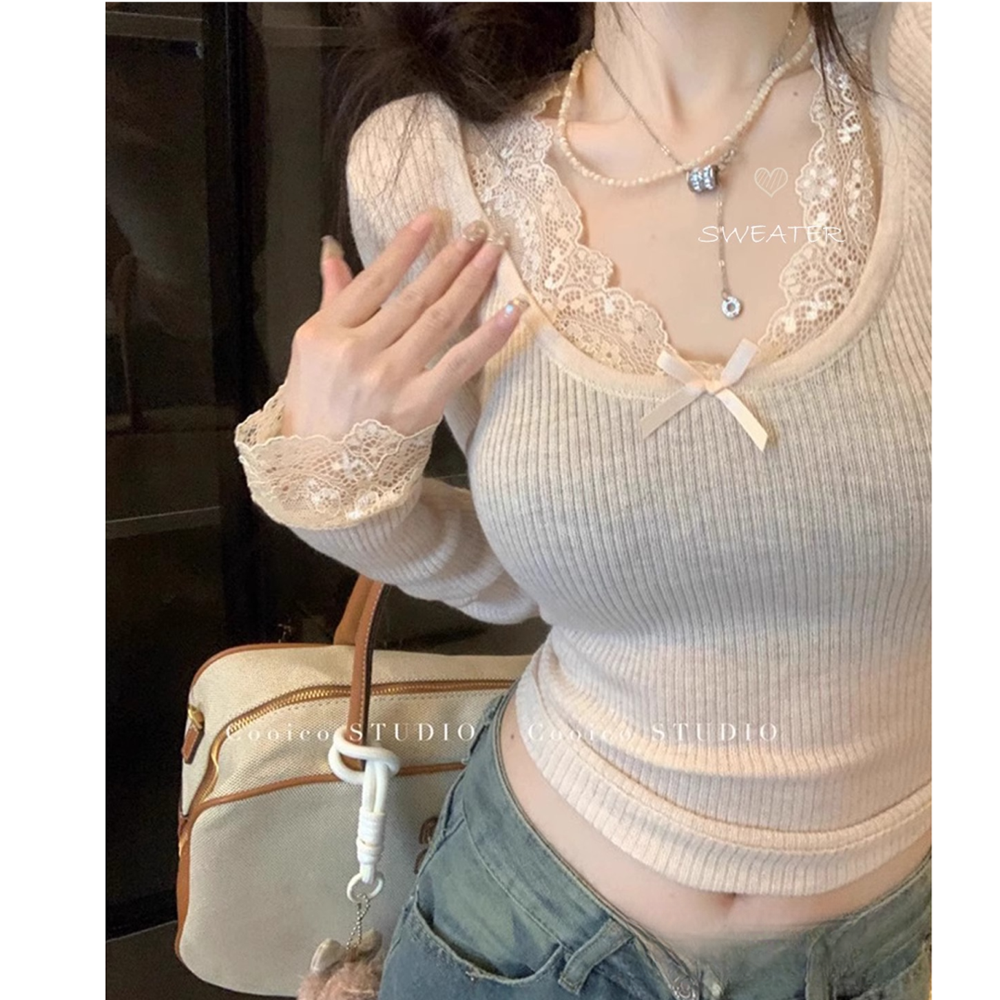 辣妹纯欲性感蕾丝拼接长袖针织衫女早秋修身显瘦内搭上衣F6-48