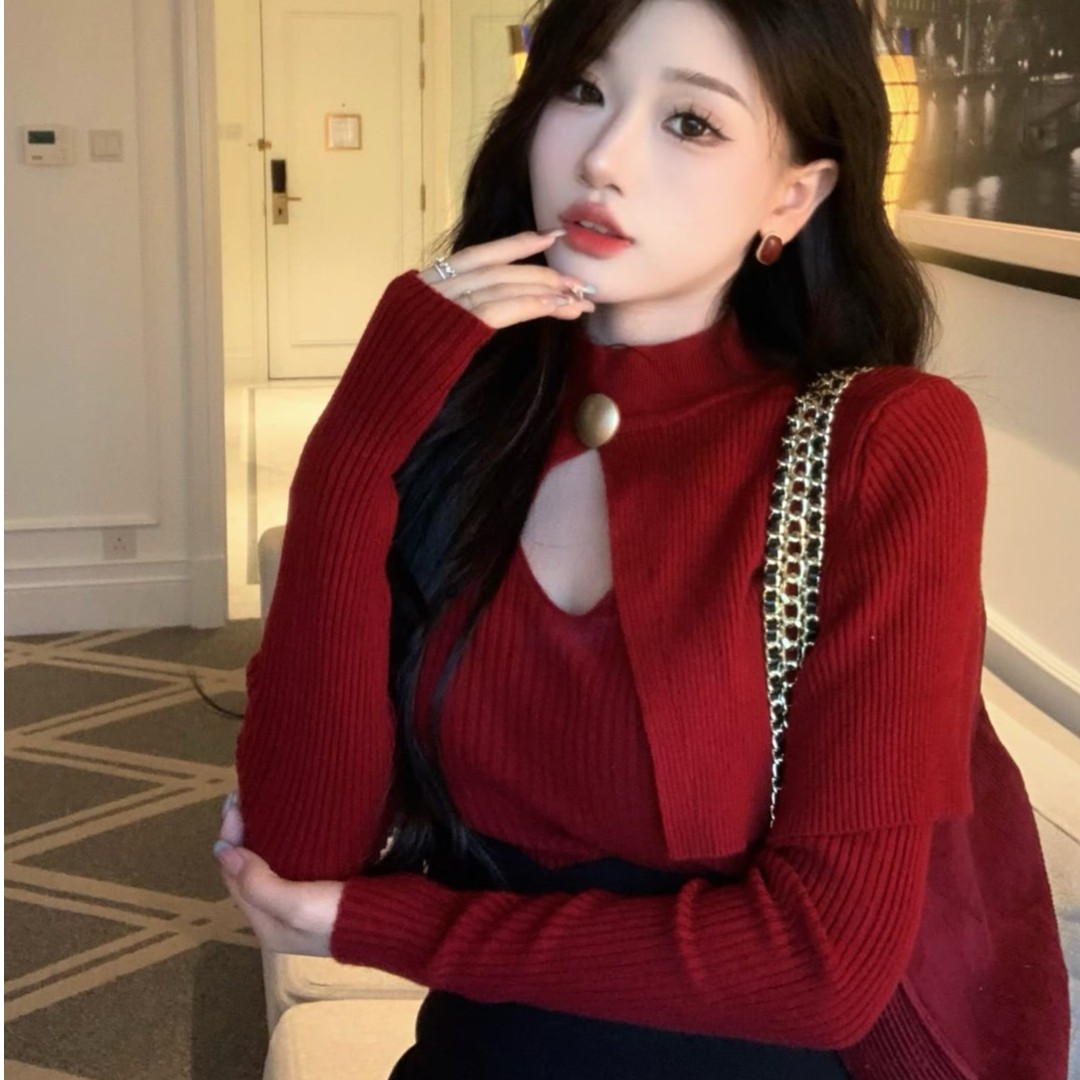 【现货】2026新款高级感纯欲风辣妹风斗篷披肩一粒扣韩版针织A2-12