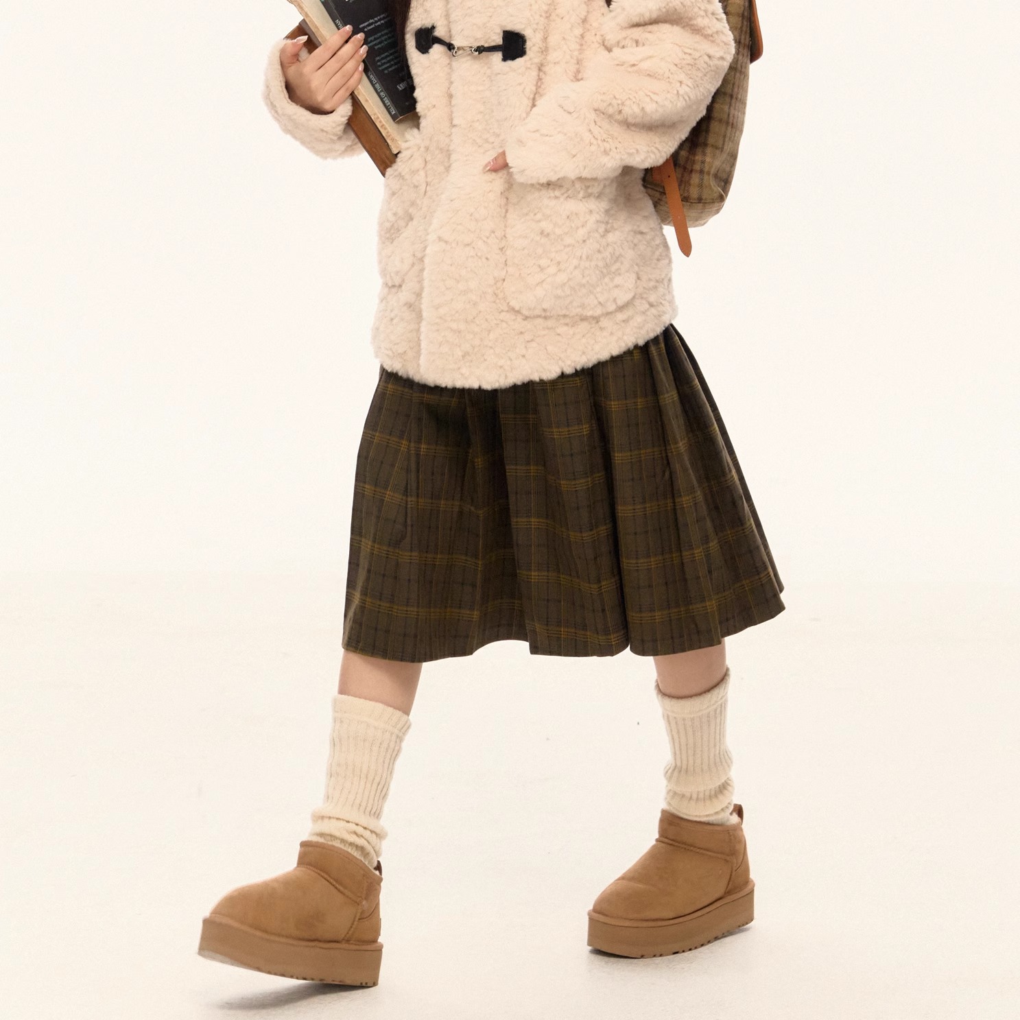 ELEVEN SLEEP秋冬复古咖色格子西装长裙女高腰显瘦学院百褶半身裙