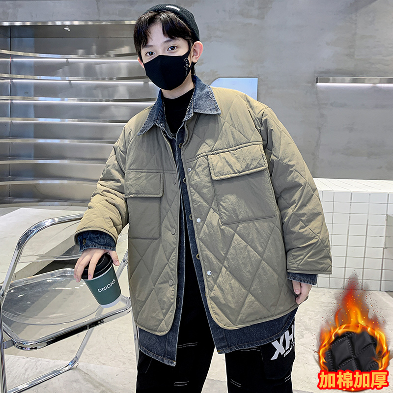 男童冬装棉衣新款儿童韩版假两件棉服男大童加厚牛仔拼接外套潮