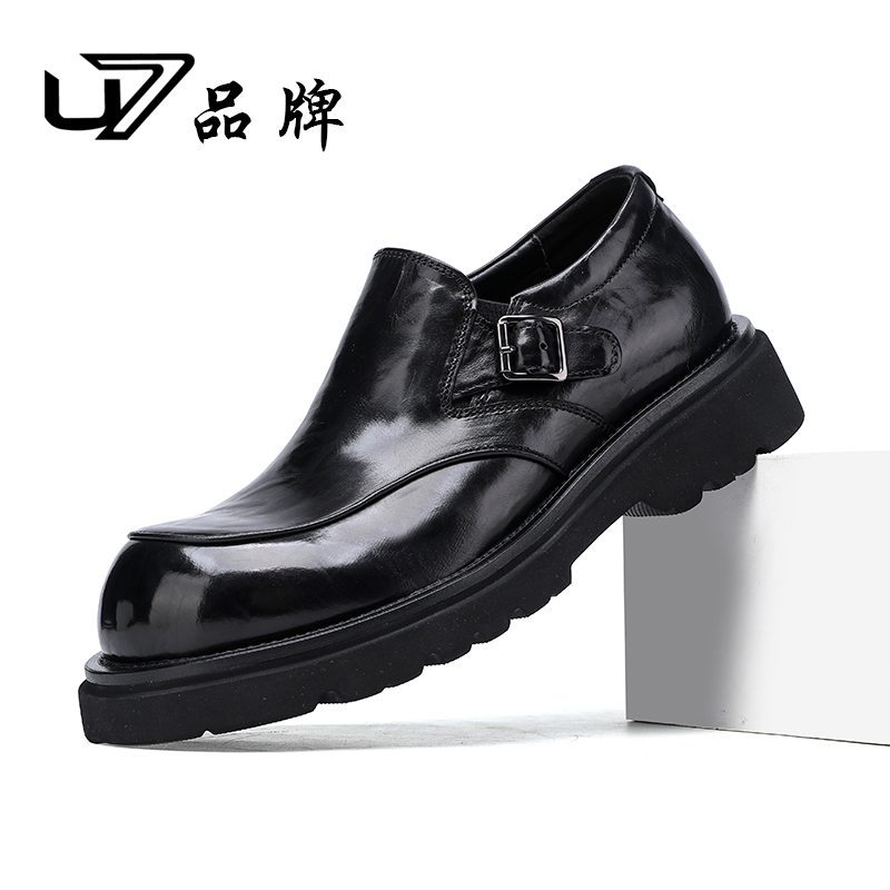 U7品牌男鞋新款男士商务休闲皮鞋头层牛皮软底一脚蹬大头皮鞋