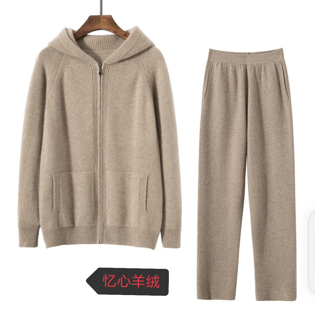 男士纯山羊绒连帽开衫保暖加厚双层直筒裤休闲运动新款山羊绒套装