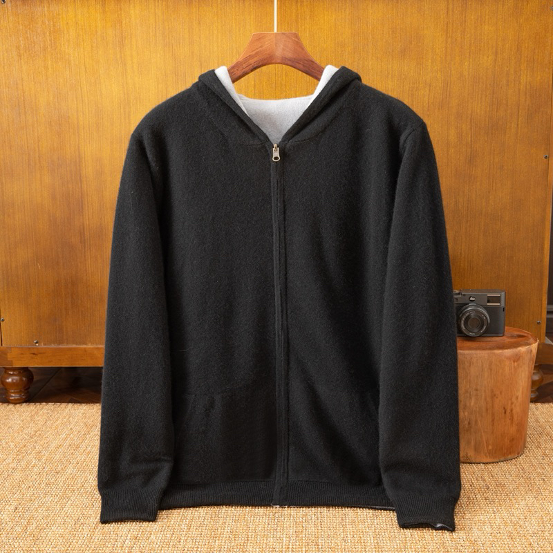 新款男士双面可穿羊绒帽衫拉链开衫外套一百分山羊绒