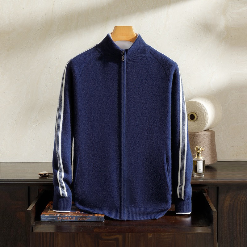 新款男士拼色半高外套拉链开衫一百分山羊绒时尚外套加厚百搭