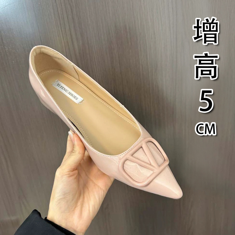 V扣裸色单鞋~增高5厘米通勤浅口名媛气质百搭扣软底女鞋夏季中跟