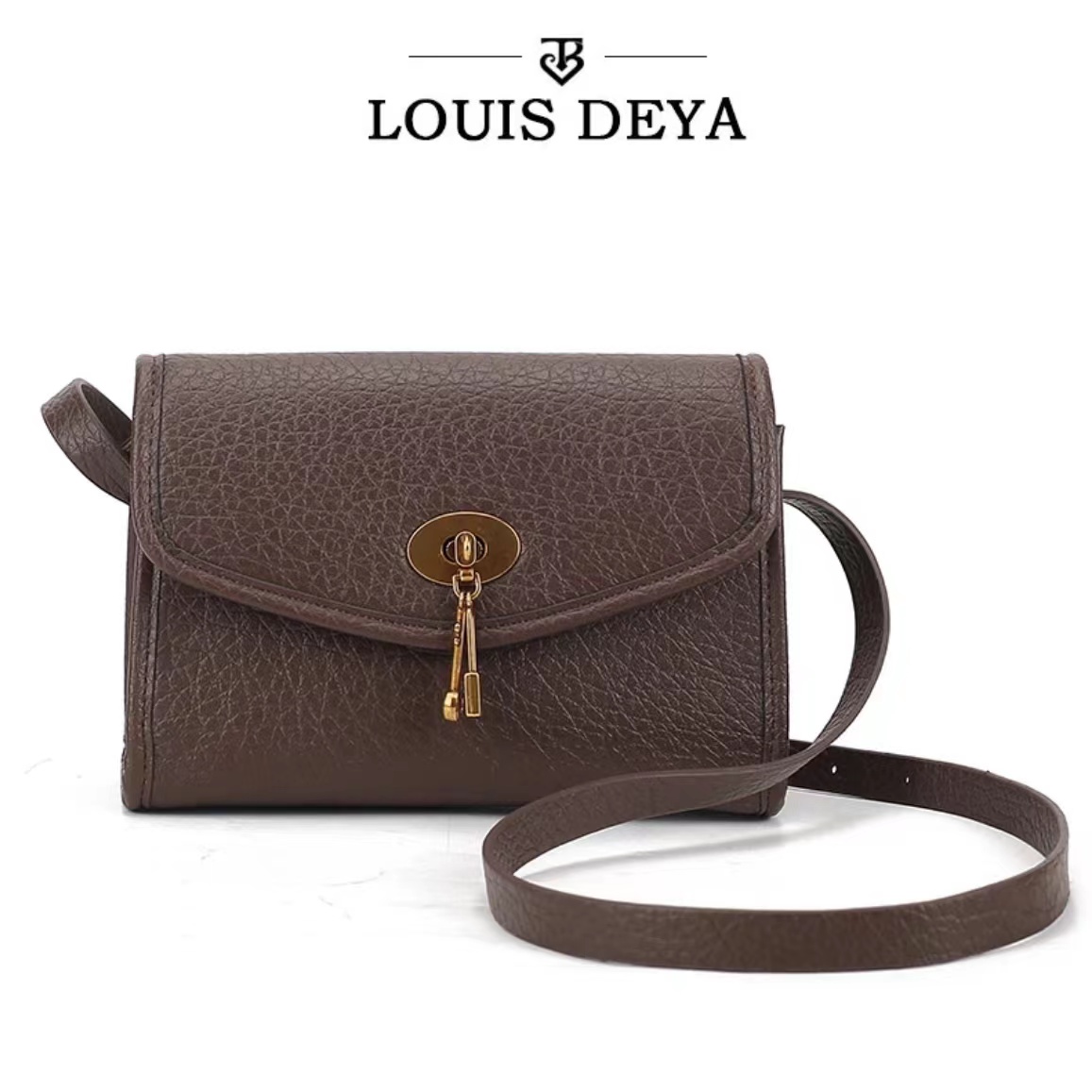 LOUIS DEYA时尚百搭复古简约单肩斜跨包小包包轻奢棕色
