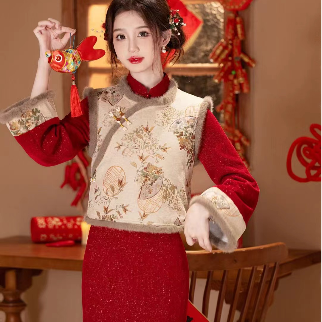 【今喜-嫣红】冬季新款新中式旗袍国风典雅两件套加绒旗袍裙日常