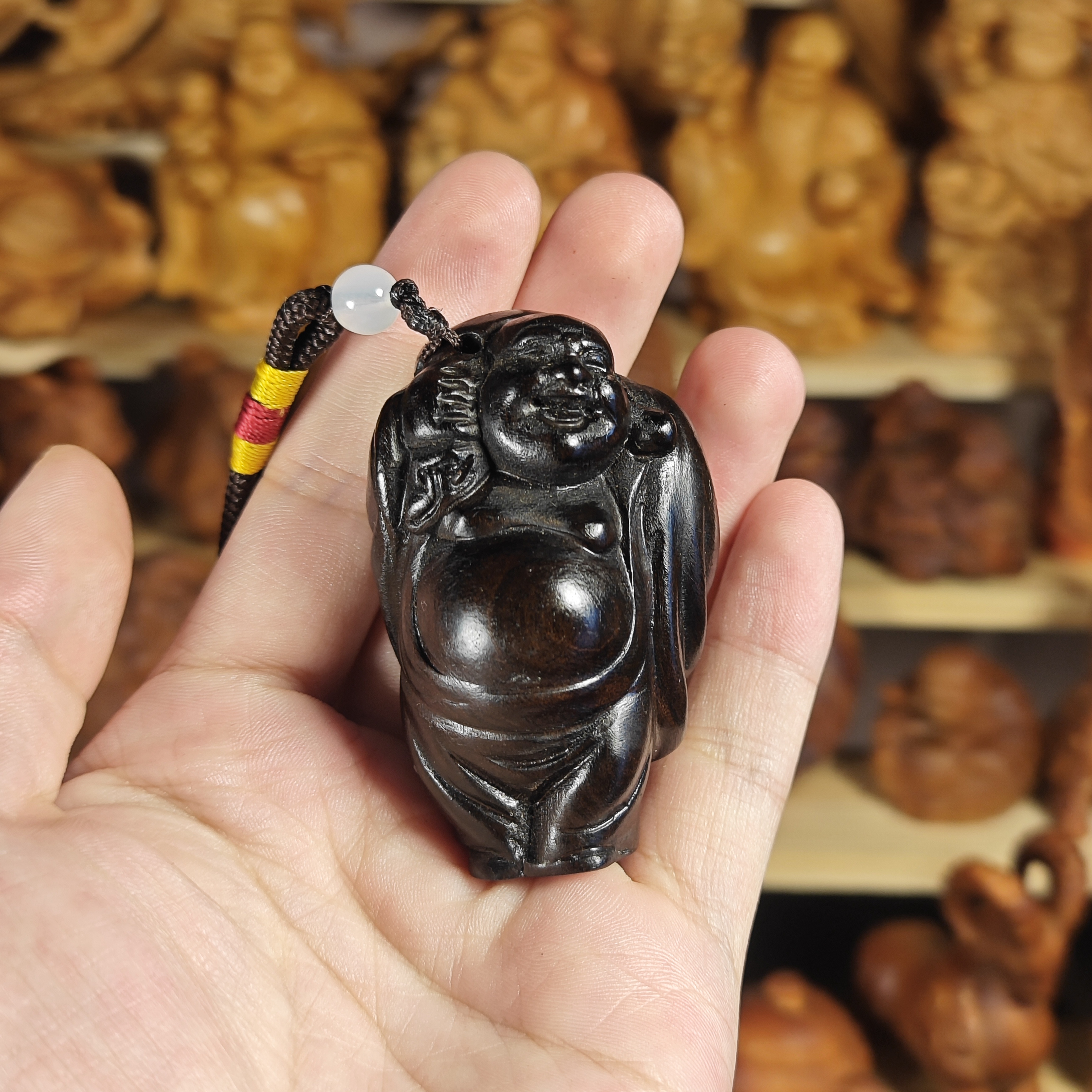 印尼达拉干木雕布袋弥勒佛挂件文玩雕件随身实木吊坠盘玩工艺品