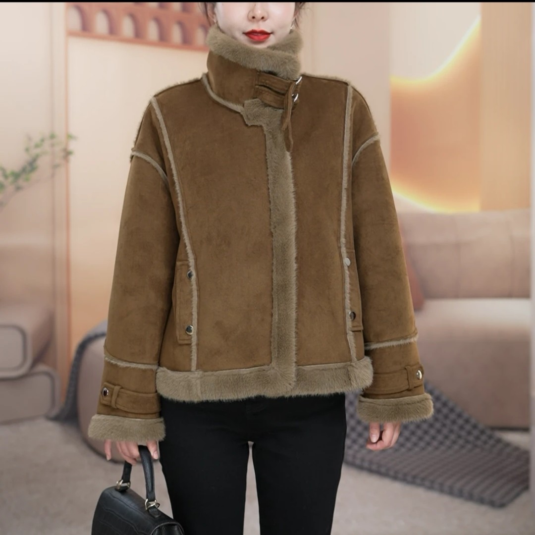 W皮毛一体麂皮绒立领防风遮肉百搭休闲短款加厚加绒