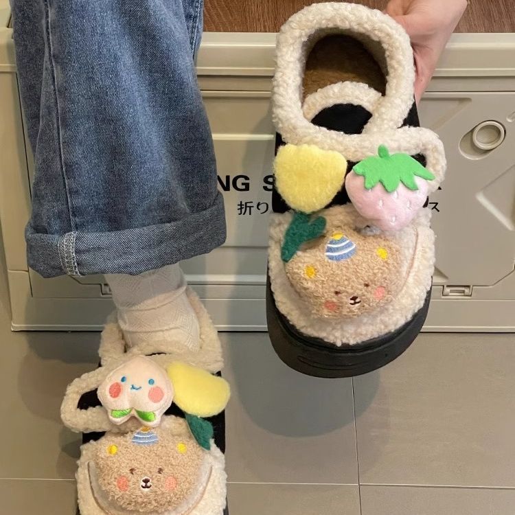 可爱小熊羊羔毛棉鞋女冬季新款魔术贴加厚保暖雪地靴厚底短款棉靴