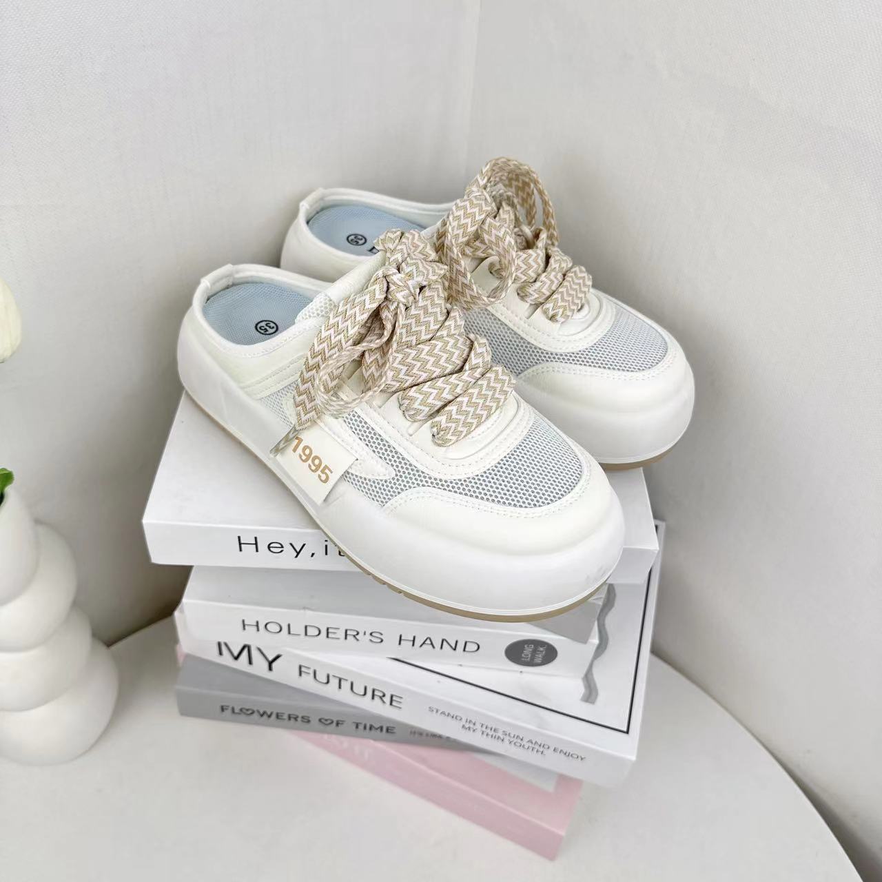 宛吟女鞋夏季新款厚底小包头半托韩版学生透气网面女鞋002米色