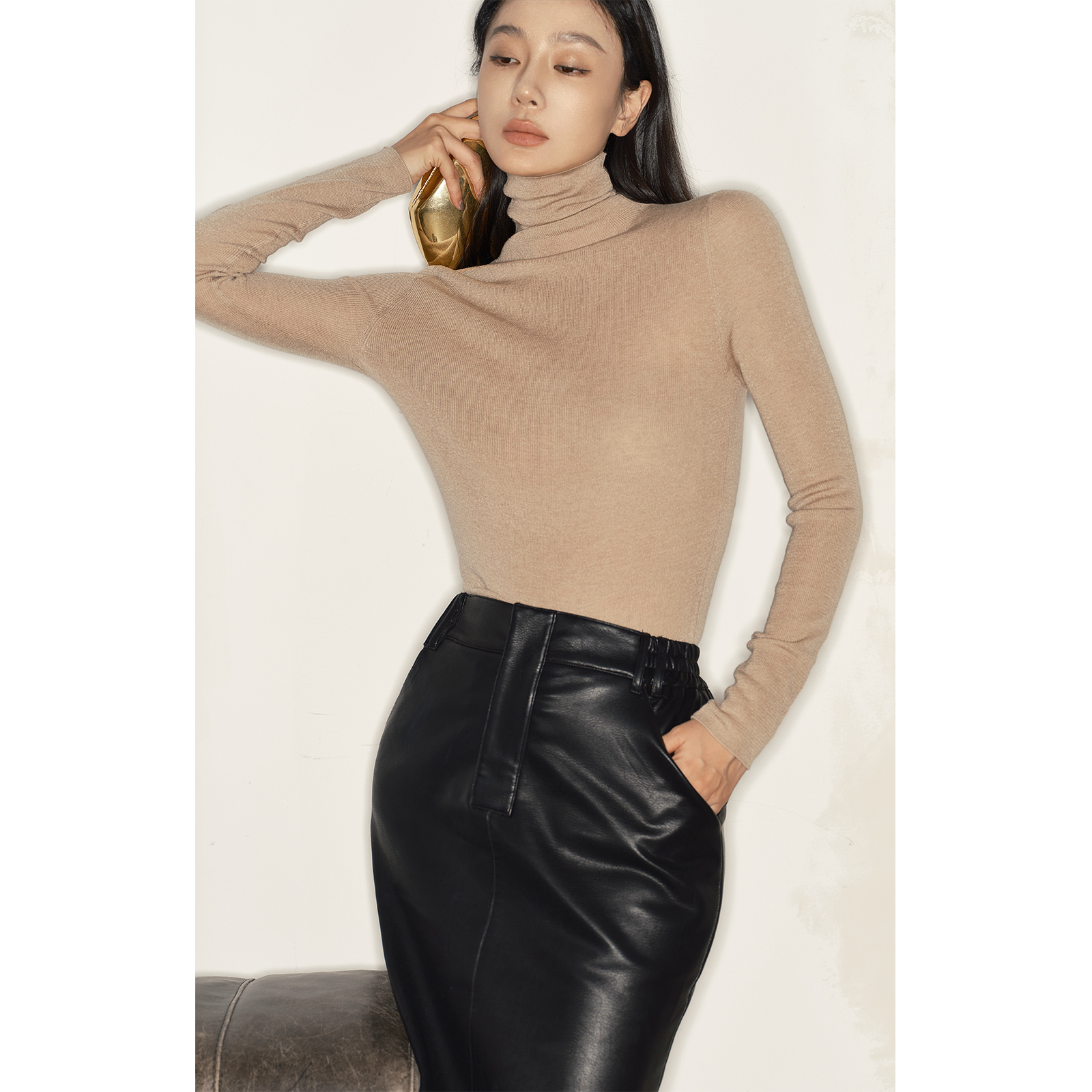 周淼ZHOUMIAO 高支绵羊毛纱线混纺高领打底衫修身上衣ZM24W6382S