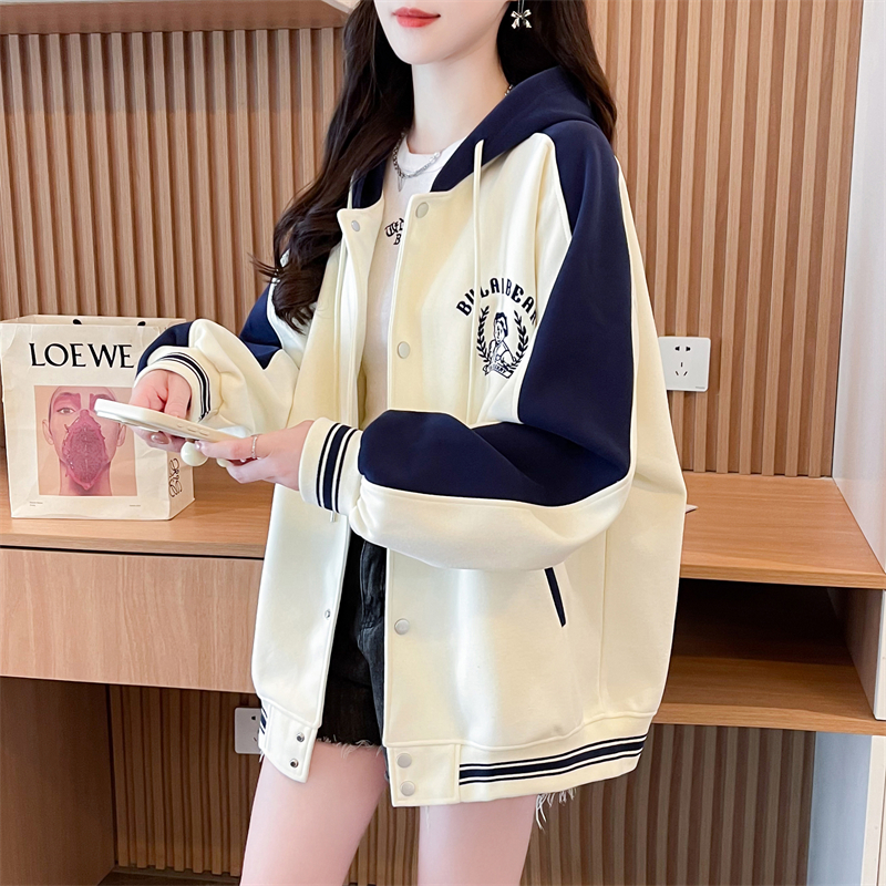 早秋连帽卫衣女2025新款春秋韩版宽松薄款学生撞色棒球服开衫外套