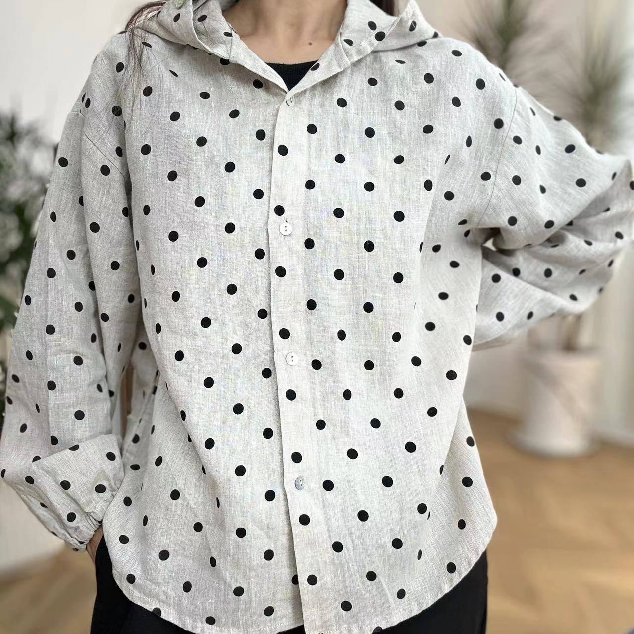 【圆波点】春秋系扣连帽亚麻外套S2443长袖宽松外套