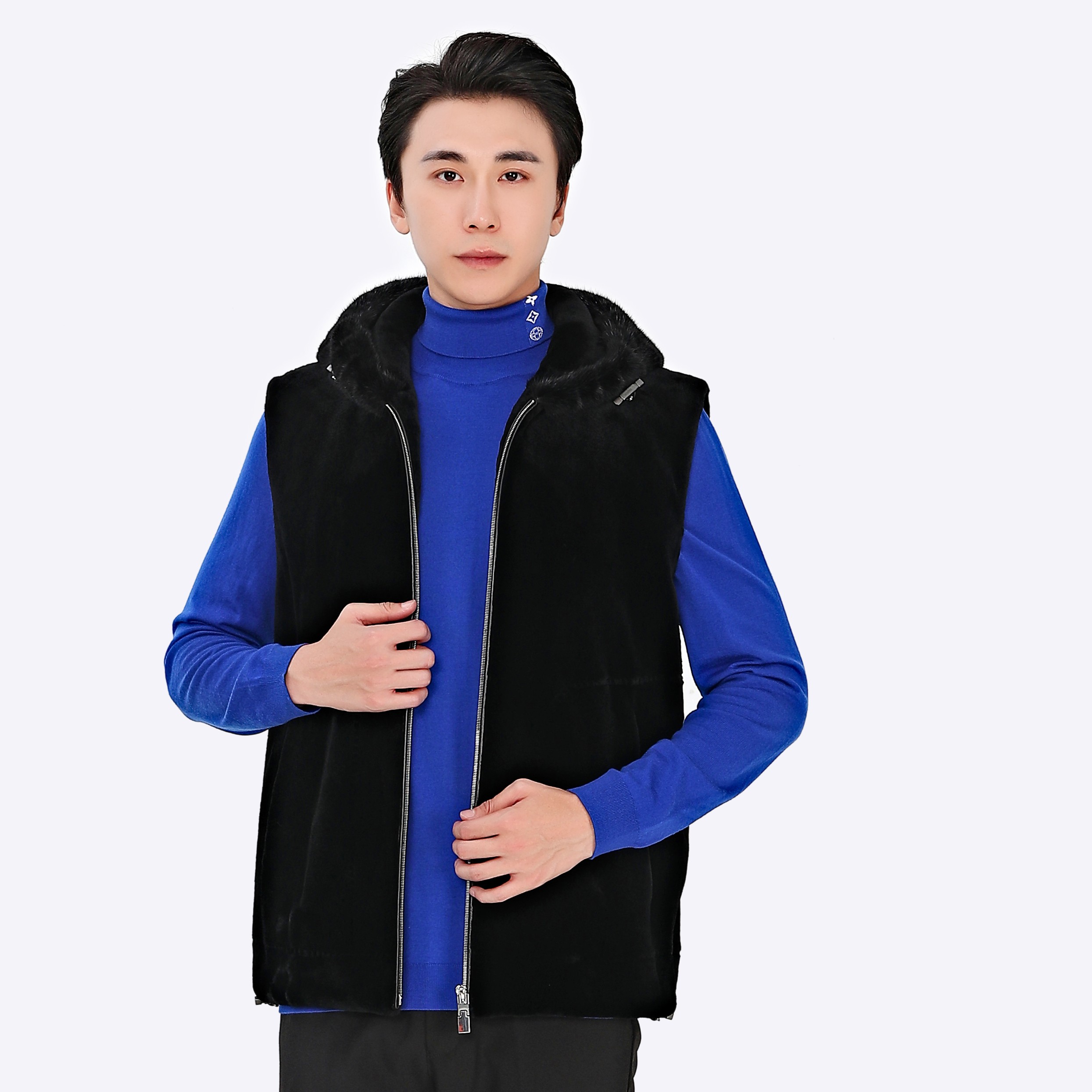冬季新款连帽水貂毛男士背心防风保暖时尚商务休闲男款貂皮马夹