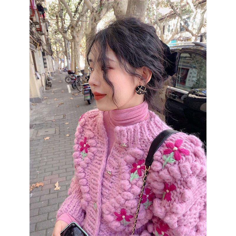2023春秋新款重工设计感针织衫外套女宽松长袖温柔风开衫毛衣女