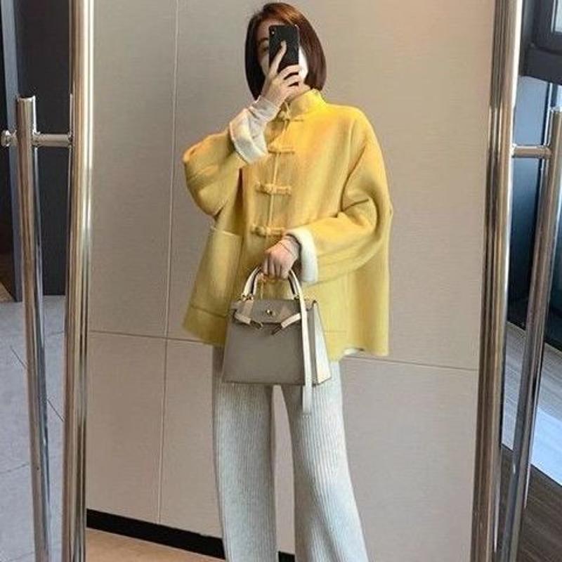 轻熟风韩剧女装港味复古黄色呢子外套洋气百搭宽松新中式上衣女毛