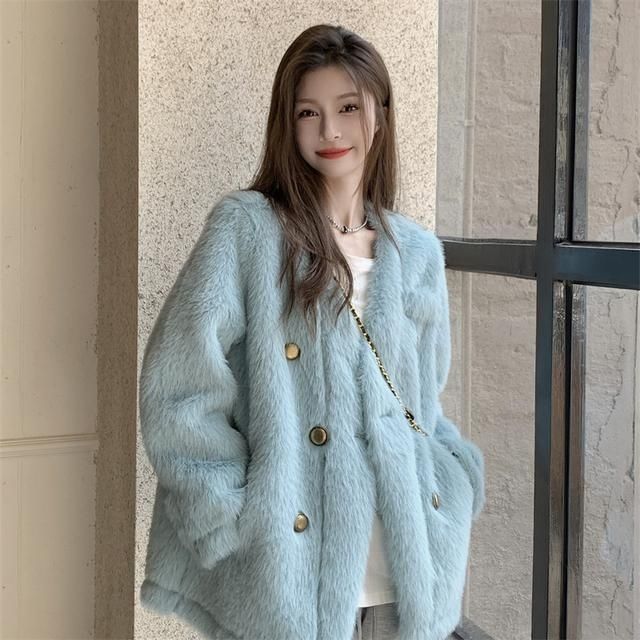 2023秋冬新款外套女加厚年轻款仿貂皮短款V领水貂毛绒上衣