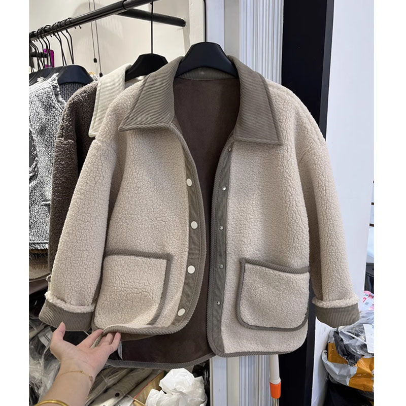 法式POLO领拼色皮毛一体绒毛外套女秋冬新款宽松高级感短款大衣