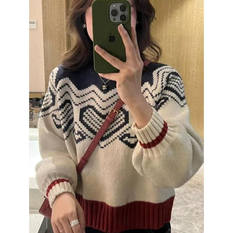 短款拼色圆领打底毛衣女秋冬时尚洋气宽松加厚内搭圣诞针织打底衫