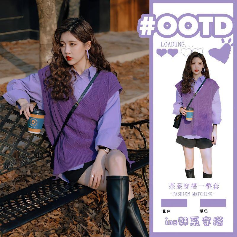 大码女装春季套装新款韩系针织马甲背心衬衫辣妹短裤三件套