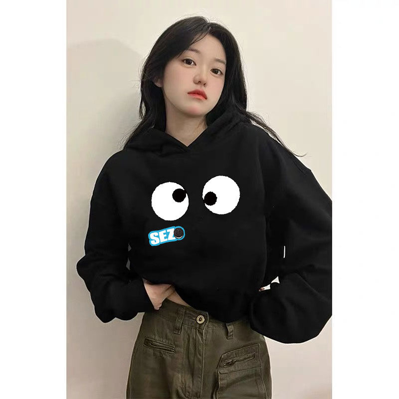 美式黑色高腰卫衣女秋冬新款加绒宽松休闲小个子短款外套连帽上衣