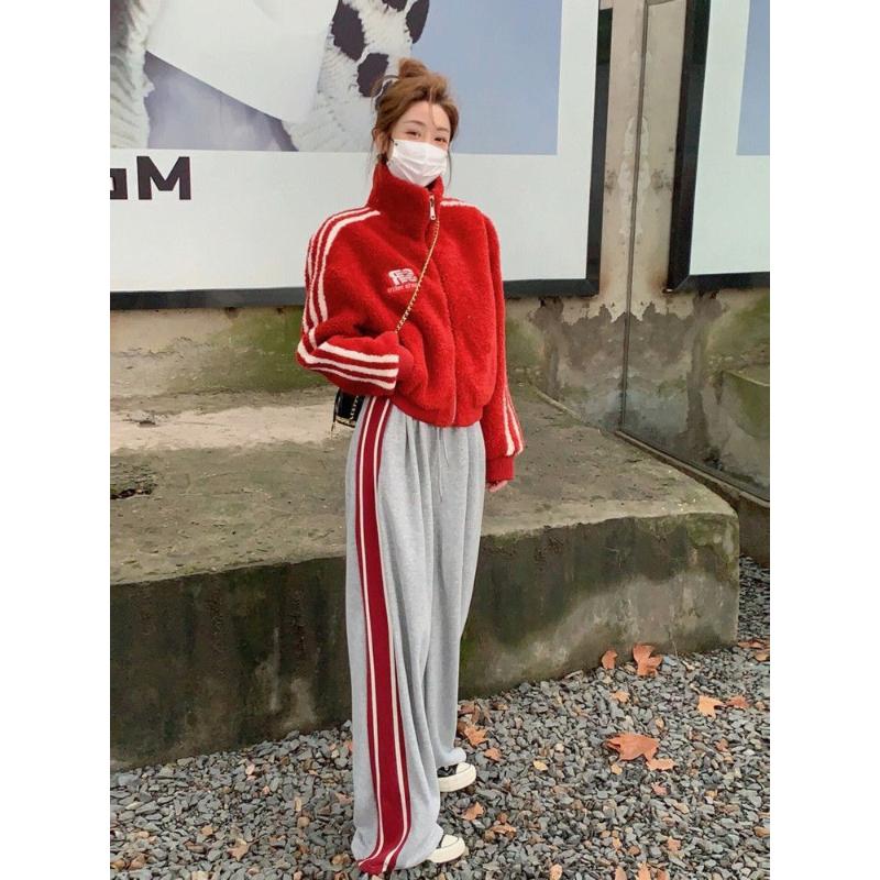 小香风休闲运动套装美式复古棒球服盐系撞色拼接网红潮流气质外套