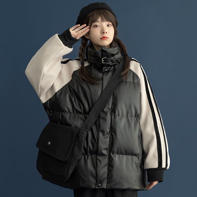 冬季棉服女ins港风原宿拼接棉衣新款韩版学生宽松立领加厚外套潮