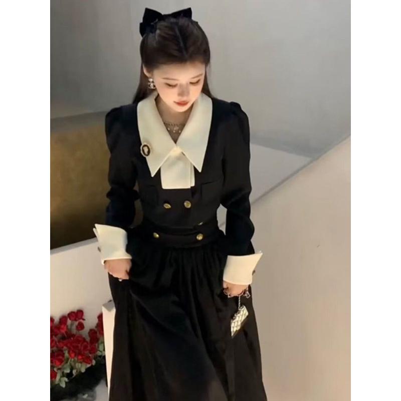 小香赫本风富家千金连衣裙女秋季小黑裙高级感礼服生日穿搭套装裙