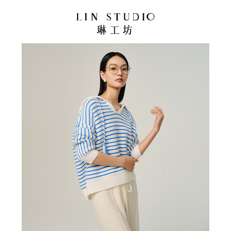 【山羊绒+绵羊毛】琳工坊碧落蓝白条纹连帽针织休闲新款唐琳设计师