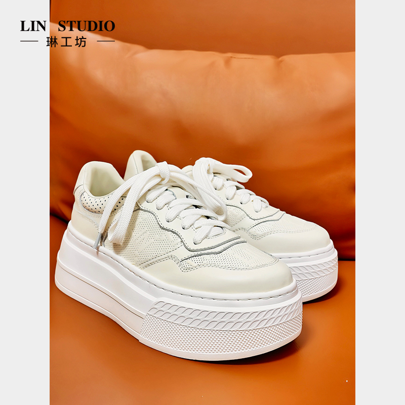 【6.5cm左右厚底 小牛皮】琳工坊云青厚底白鞋百搭时尚休闲唐琳设计