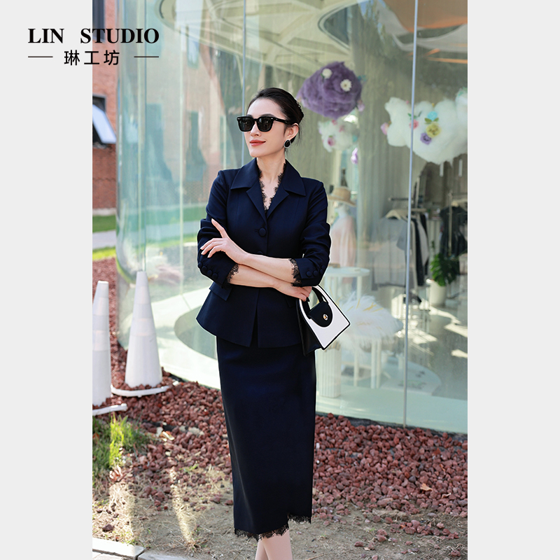 【西服 蕾丝可拆】【醋酸+绵羊毛 干洗】琳工坊青幕藏蓝西服唐琳设计