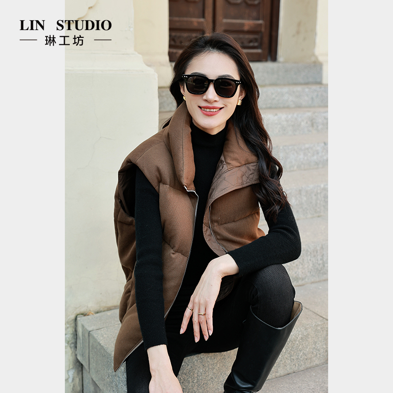 【95级别白鹅绒】琳工坊纱雨棕咖色羽绒马甲时尚休闲保暖冬唐琳设计