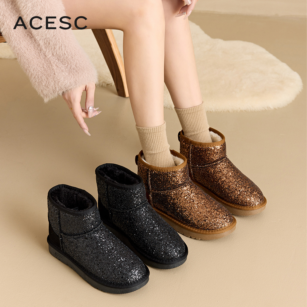 Acesc/艾斯臣A23473416M冬季防寒雪地靴新款亮片加绒加厚一脚蹬