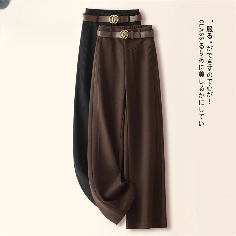 羊毛呢休闲裤女秋冬2024新款高腰宽松直筒长裤加绒米白色阔腿裤子